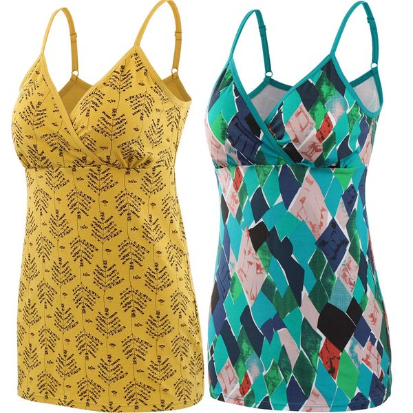 ZUMIY Pregnancy Breastfeeding Top, Maternity Nursing Tank Tops Seamless Cotton Basic Vest Sleeping Breastfeeding Bra Top (L, Yellow Printing+ Green Pattern/2-pk)