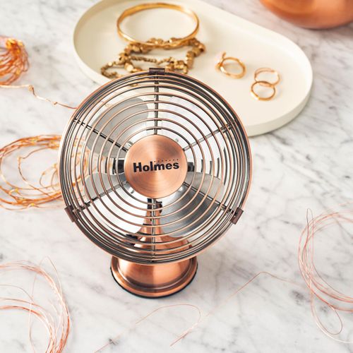 HOLMES 4" Mini Heritage Desk Fan, USB-Powered, Single Speed, 4 Blades, Adjustable 100° Head Tilt, Metal Construction, Ideal for Home, Dorm Rooms, Bedrooms, Office or Travel, Vintage Brushed Copper