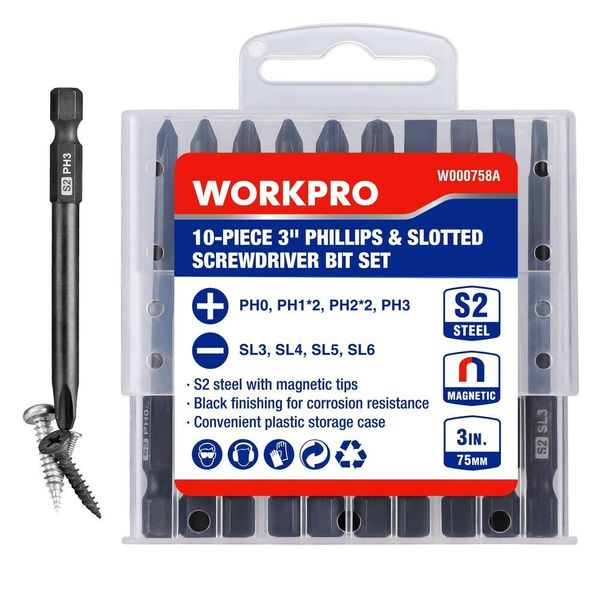 WORKPRO 10PCS Magnetic Slotted Phillips Screwdriver Bit Set 1/4" Hex Shank W/Box