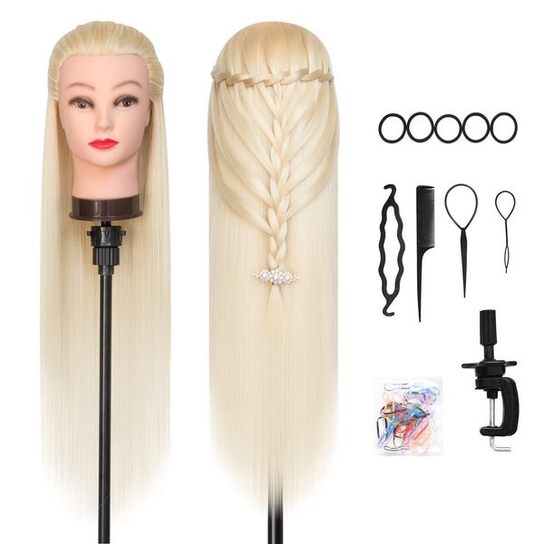 DANSEE Mannequin Head Hair Styling 28" Training Head Manikin Cosmetology Doll Head Synthetic Fiber Hair with DIY Braiding Set+ Free Table Clamp (613)