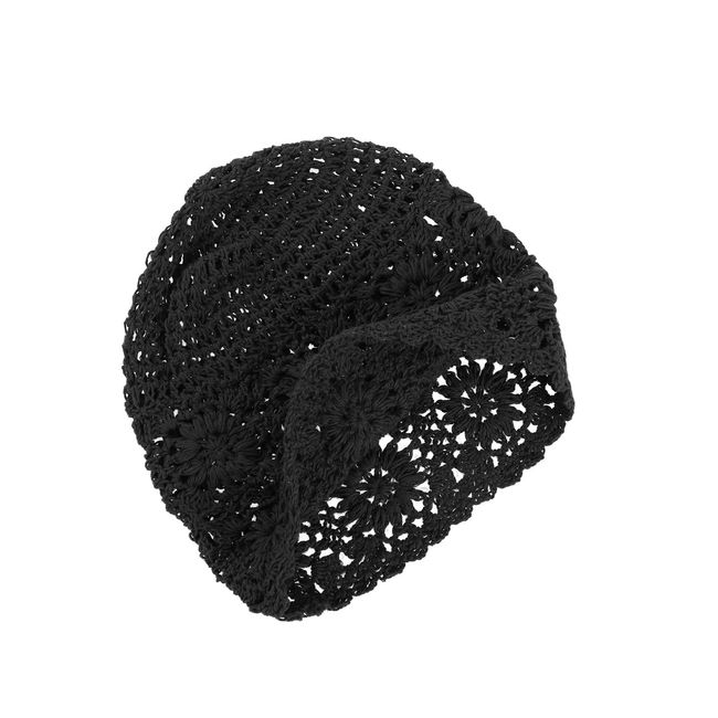 VGOL Beanie Mütze handgefertigt Damen Baumwolle Strick Ausschnitt VintageBlumenmuster gehäkelt Slouchy Skull Cap für 52–58 cm Kopfumfang Frühling Sommer Herbst Schwarz