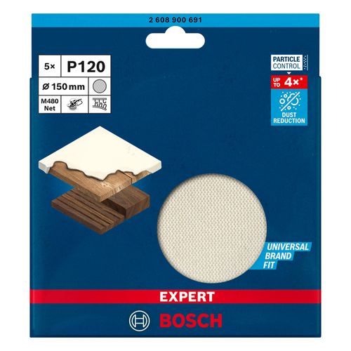 Bosch Professional 5x Expert M480 Sanding Net (for Hardwood, Paint on wood, Ø 150 mm, Grit 120, Accessories Random Orbital Sander)