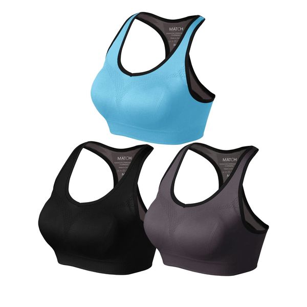 Match Racerback Sports Bras for Women – Padded Seamless Strappy Workout Tops for Yoga Gym Runing Fitness Sports Bras (1 Pack of 3(Black-Gray-Blue), Medium)