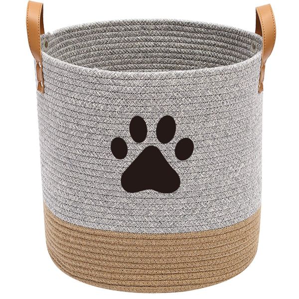 Geyecete Cotton Rope Basket with Leather handle Dog Cotton rope for dogs Laundry Basket Storage Bin dog bin Storage Bins-Natural Woven Basket-Gray/Khaki