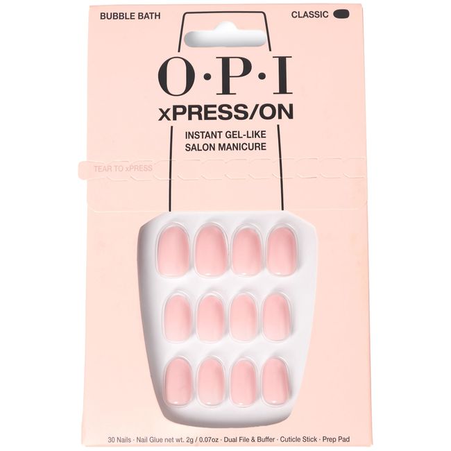 OPI xPRESS/ON Press On Nails, Up to 14 Days of Wear, Gel-Like Salon Manicure, Vegan, Sustainable Packaging, With Nail Glue, Short Neutral Nails, Bubble Bath