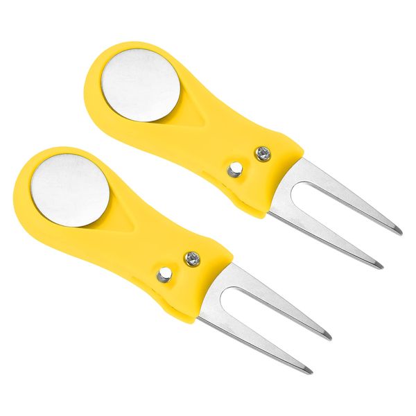 PATIKIL Golf Divot Tool 2pcs Foldable Repair Fork with Button Ball Marker Training Accessories for Golf Sport Yellow