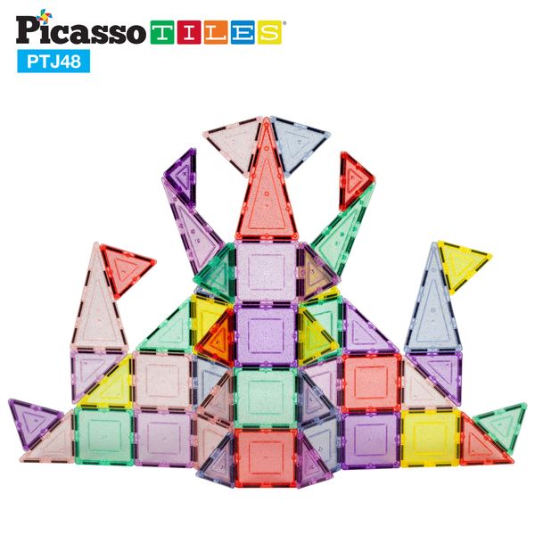 PicassoTiles 48 Piece Magnetic Blocks Magnet Tiles Magnets Building Blocks Construction Toy Set with Reflective Leaf Flakes Magnetic Building Tiles Toys STEM Learning Kit Stacking Block Playset PTJ48