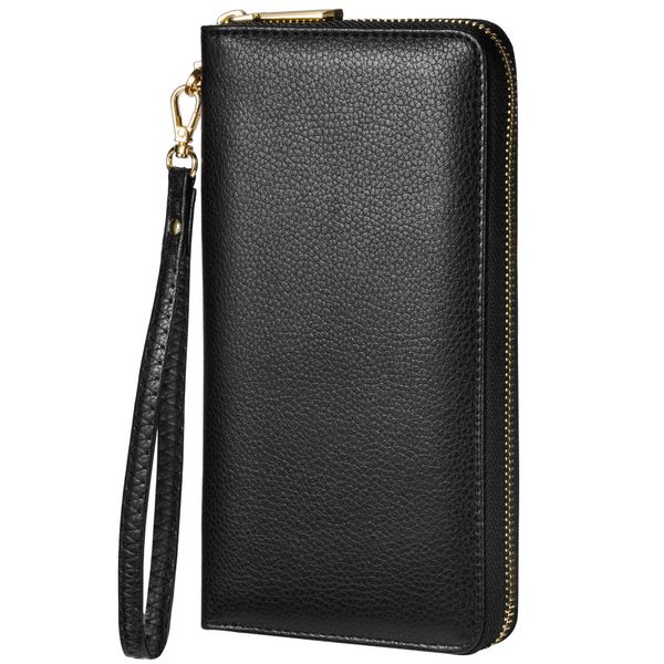 Chelmon Womens Wallet Large Capacity Zip Holder Clutch Bifold Wrist Strap Long Purse Black