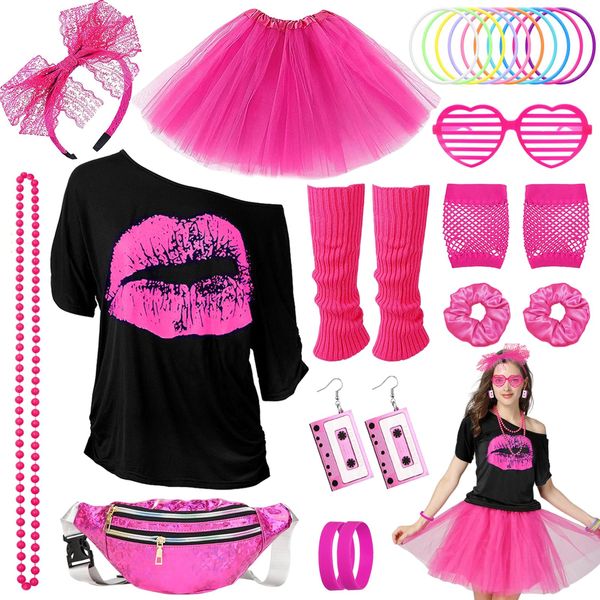 80s Costume Outfits Accessories Set for Girls, 1980s Fancy Dress Party Kits with T-shirt Tutu Bumbag Headband Earring Necklace Fishnet Gloves Leg Warmers Glasses Bracelet Scrunchies for Women Dress up