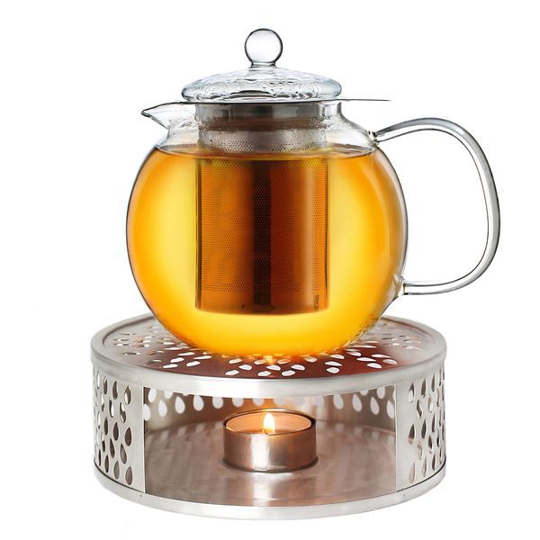 Creano Glass Teapot 850ml with Warmer - Stovetop Safe Tea Kettle with Stainless Steel Infuser and Glass Lid, Ideal for Preparing Loose Teas - Drip Free