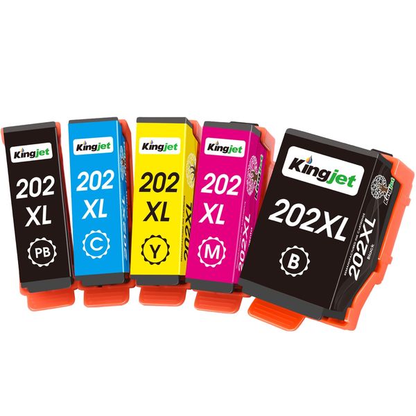 KINGJET 202XL Ink Cartridges Remanufactured for Epson 202 202XL Ink Cartridges Multipack for Expression Premium XP-6105 XP-6100 XP-6000 XP-6005 XP-6001 (Black Photo Black Cyan Magenta Yellow) 5 Pack