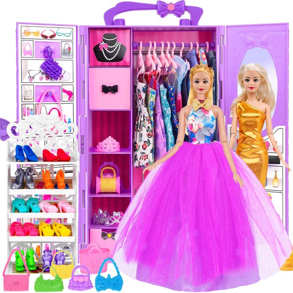 ebuddy Doll and Doll Accessories 101 Pcs Doll Clothes and Accessories Purple Doll Closet Wardrobe Closet Playest for 11.5 Inch Girl Doll Including Shoes Rack,Dress,Shoes Hangers Accessories(One Doll)