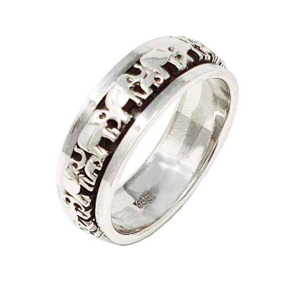 Treasure Bay 7mm Solid 925 Sterling Silver Ring, Finger Ring, Elephant Design Spinning Stress Relief Ring (M)
