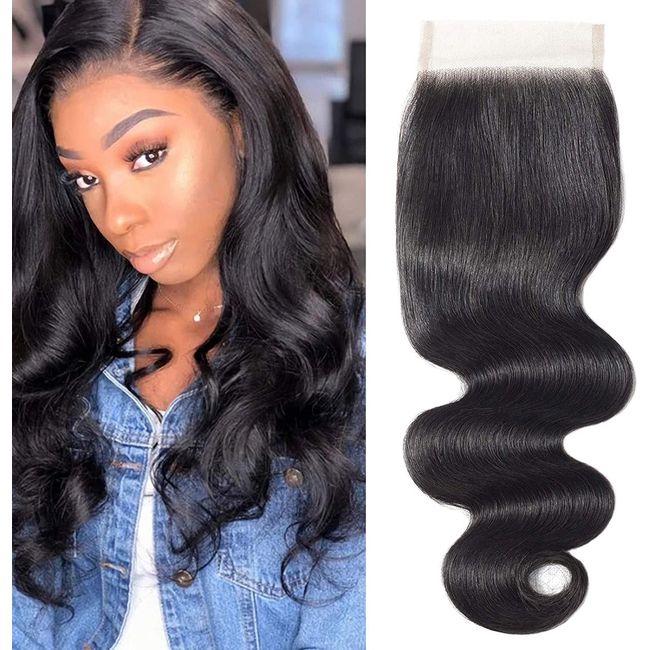 4x4 Lace Closure Human Hair Body Wave Virgin Hair Pre Plucked Swiss Lace 4x4 HD Lace Closure with Baby Hair Bleached Knots Natural Color Free Part 14 Inch