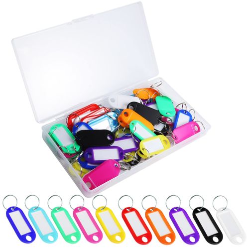 Yoosso Pack of 50 Key Fobs, 5 x 2.2 cm, Writeable Key Fobs, Plastic Key Tags with a Box + Ring Key Label for Suitcases, Bags, Pets Keys (10 Colours), red