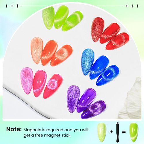 SUPWEE Cat Eye Gel UV Gel Set di 6 colori riflettenti Glitter Neon Cat Magnetico Gel con magnete Fluorescente Olografico Cateye Gel Fai da te Manicure Salon Art