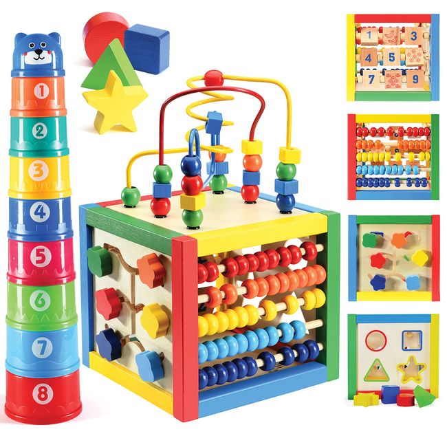 Wooden Activity Cube for Baby - 6 in-1 Baby Activity Play Cube with Bead Maze, Shape Sorter, Abacus Counting Beads, Counting Numbers, Sliding Shapes, Removable Bead Maze, 8Pcs Stacking Cups – Play22