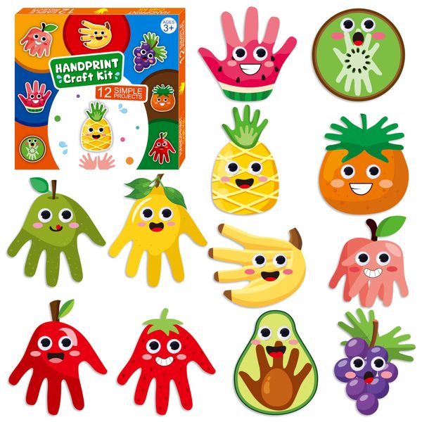 WATINC Fruits Handprint Art Crafts - 12 Pack Fruit Paper Plates Art Sets DIY Cutouts Supplies Orange Grape Kiwi Avocado Classroom Decorations Hand Print Educational Kit for Preschool Children Toddler