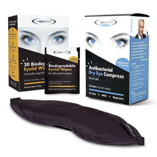 The Eye Doctor Essential Treatment Bundle - Reusable Hot Cold Eye Compress & 20x Single Use Eyelid Wipes for Dry Eye, Blepharitis & MGD - Microwave Safe Mask