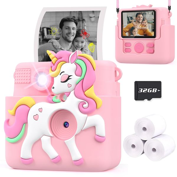 Kids Camera Instant Print with Silicone Cover, Creative Gifts for Girls Age 4-12 Birthday Christmas, 1080P Digital Camera Toy with 32GB SD Card - Pink