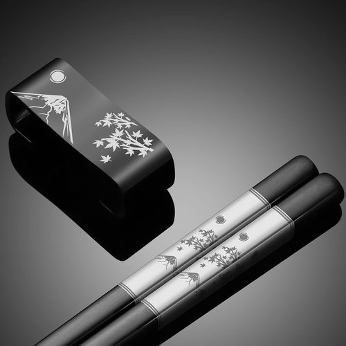 TIICOO Metal Chopsticks Reusable 2 Pairs Titanium Plated 18/8 Stainless Steel Chopsticks with Holder, Dishwasher Safe Non-Slip Korean Japanese Chinese Laser Engraved Chop Sticks Gift Set (Black)