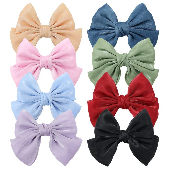 Lawie 8 Pack Shiny Glitter Fabric Knotted Large Bowknot Big Hair Bow Hair Clips Metal Alligator Barrettes Hairpins Handmade Hair Accessories for Women