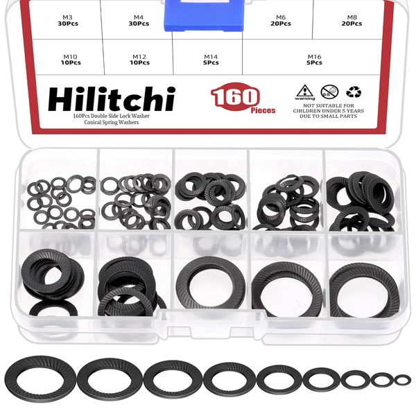 Hilitchi 160Pcs Black Double Side Lock Washer Assortment Kit Conical Spring Washers Double Side Tooth