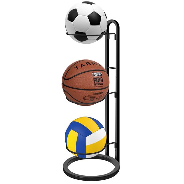 BQKOZFIN Ball Stand, 3 Tiers, Ball Rack, Entryway, Ball, Storage, Soccer Ball, Basketball Organization, Assembly Type, Space Saving, Black