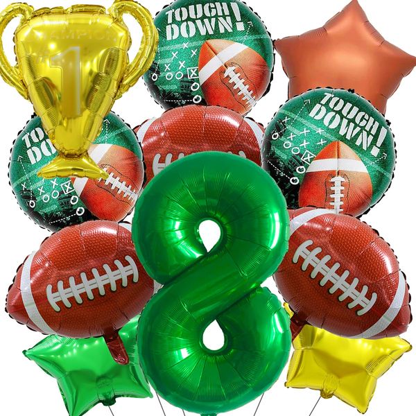 14Pcs Football Balloons, Football Birthday Party Decorations Sports Theme Birthday Party Decoration Include 40Inch Green Number Balloon for 8th Football Birthday Party Supplies