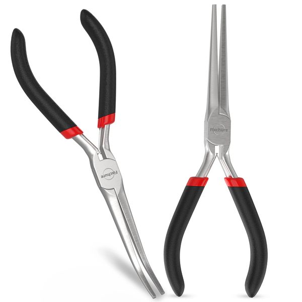 6 Inch Long Needle Nose Pliers Set 2 PCs – Heavy Duty Carbon Steel, Insulated, Non-Serrated, Long Nose Pliers with PVC Coating & Rust Proof Finish for Long Reach