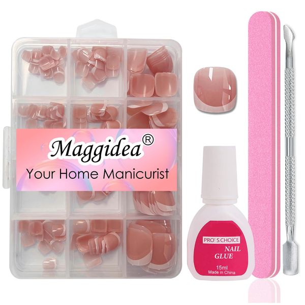 Maggidea Press on Nails for Toe, 240Pcs Fake Toenails French Tip Dark Nude Color False Nail Kit Glossy Full Cover with Glue on Nails Nail Art Manicure for Girls Women (French-05)