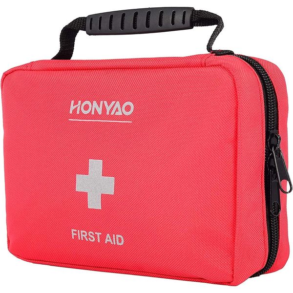 HONYAO® First Aid Kit 220 Pcs, First Aid Bag with Premium Waterproof Nylon Shell, Medical Kit for Home Workplace Car School Outdoor Camping, Includes Plasters, Cold Pack, Emergency Blanket etc. Red