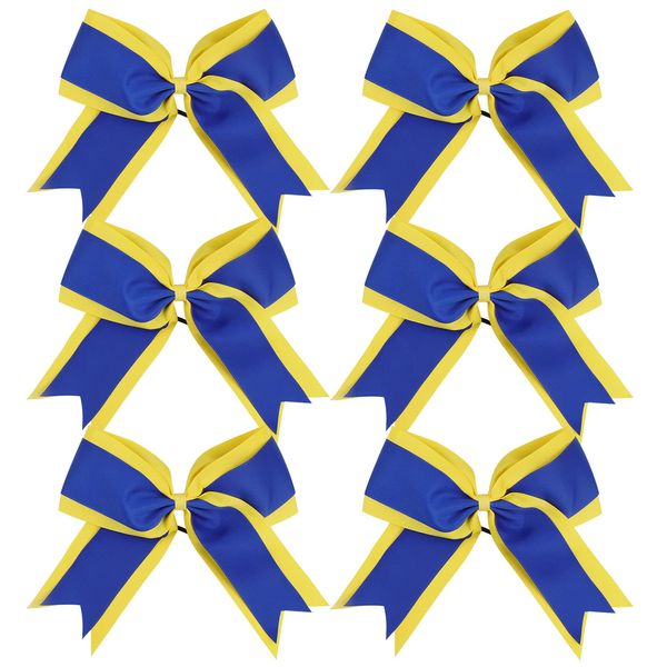 8 Inch 2 Colors Cheerleader Bows 2 Layers 6 Pcs Ponytail Holder Cheerleading Bows Hair Elastic Hair Tie (Yellow/Royal blue)