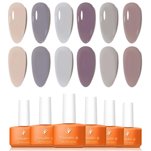 Tonitu G Gel Nail Polish Set 6 Colors Gel Polish Kit, Beige Lilac Gray Plum Taupe Rose Nail Art Design Soak Off LED at Manicure DIY Home Salon Gifts for Women Girls