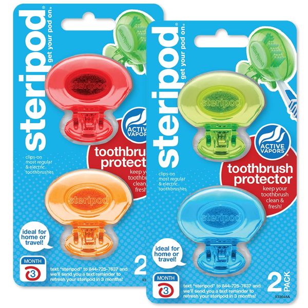 Steripod Clip-On Toothbrush Protector, Keeps Toothbrush Fresh and Clean, Fits Most Manual and Electric Toothbrushes, Blue, Green, Red, Orange, 4 Count