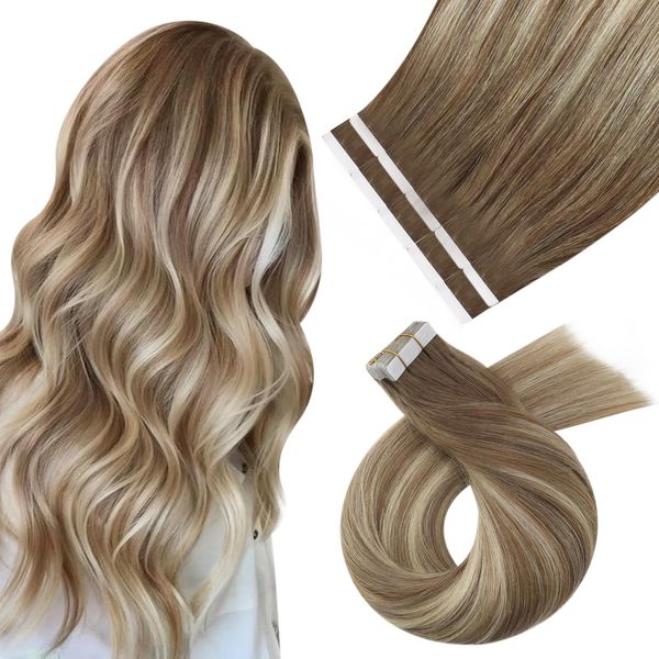 Moresoo Invisible Tape in Extensions Echthaar Hellbraun 50 cm Tape Extensions Kastanienbraun mit Goldblond Echthaar Extensions Tape Klebe Extensions Braun 10 Stück 25g/Pack #8/22/8