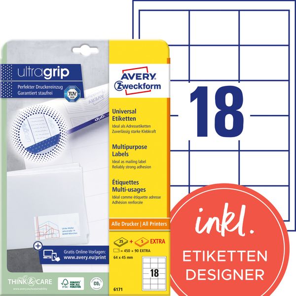 AVERY Zweckform 6171 Adressaufkleber (450 plus 90 Klebeetiketten extra, 64x45mm auf A4, Papier matt, bedruckbare Absenderetiketten, selbstklebende Adressetiketten mit ultragrip) 30 Blatt, weiß
