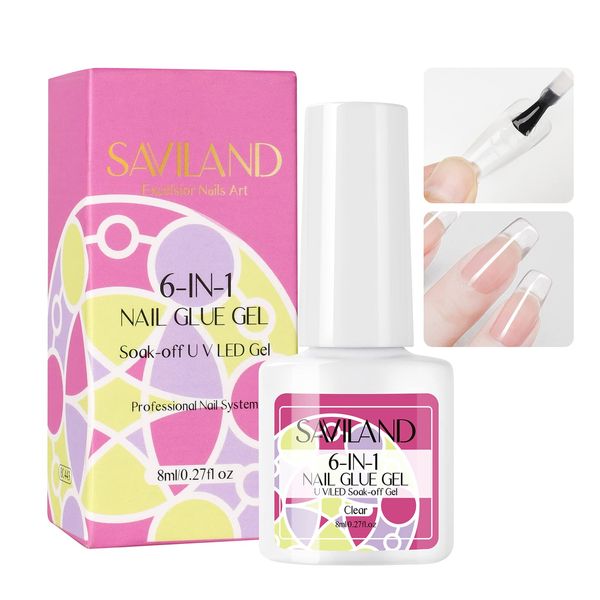 Saviland 6-IN-1Nail Glue Gel – 8ML Gel Nail Glue for Acrylic Nails Press on Fakes Nails Tips Soak-off U V LED Glue Gel for Nail Extension Manicure, Professional Nail Salon Home DIY Use