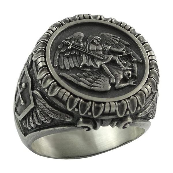 St. Michael Ring for Men, Vintage Cross Shield Ring, Viking Angel Wings Ring, Saint Michael the Archangel Ring, Religious Amulet Ring, Punk Christian Faith Jewelry Gift for Men Boys (Y)