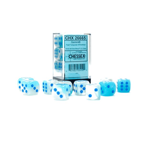 Gemini Dice Block | Set of 12 Size D6 Dice Designed for Board Games, RPGs & Miniature Games | Premium Quality 16 mm Dice | Luminary Pearl Turquoise, White & Blue Color | Made by Chessex (CHX26665)