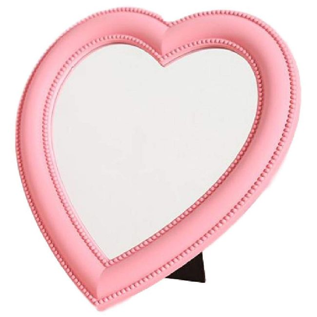 Queen-b Tabletop Stand, Mirror, Heart-Shaped Design, Stylish, Cute, Interior, Wall Hanging, Girls, Makeup, Compact, Gift (Pink)