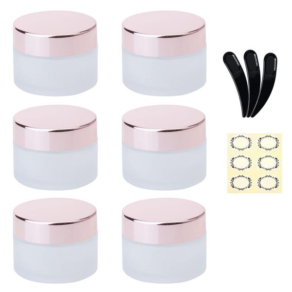 Yalbdopo 6Pcs 10ml/10g Empty Frosted Glass Cosmetic Sample Containers with Rose Gold Plastic Lids and Inner Liners - Refillable Round Travel Pot Lotion Storage Jars for Makeup Cream Beauty Nails