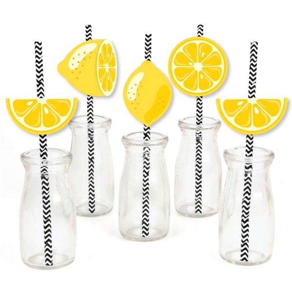 So Fresh - Lemon - Paper Straw Decor - Citrus Lemonade Party Striped Decorative Straws - Set of 24