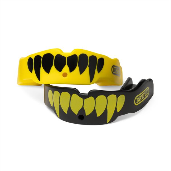 Battle Fangs Football Mouthguard – Sports Mouth Guard with Removable Strap – Protector Mouthpiece Fits With or Without Braces on Teeth – Adult & Youth Mouth Guard Sizes, 2 Pack, Youth (Age 9 & Below), Neon Yellow/Black