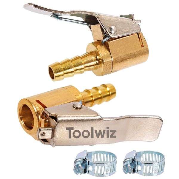 Toolwiz 2pcs Air Chuck 1/4 Inch Brass Portable Open Flow Lock On Tire Inflator Chuck Tyre Valve Inflator Hose Adapter Tire Chucks Air Compressor Hose End with Barb Connector for Hose Repair