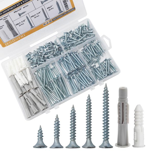 JEGONFRI High Hardness Wood Screws Assortment Kit and Plastic Wall Anchors, 203 pcs 1/2" to 1-1/2" Philips Drive Flat Head Screws & 30 pcs M6 Drywall Anchors