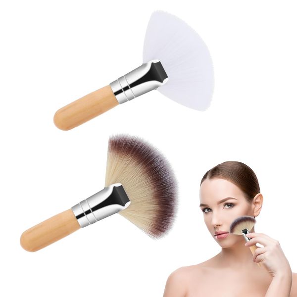 2Pcs Fan Brush Fluffy Facial Brushes Esthetician Facial Makeup Applicator Brushes for Facials, Soft Blush Brush Bristle Face Highlighting with Handle Face Makeup Brush for Powder Blush Body Powder