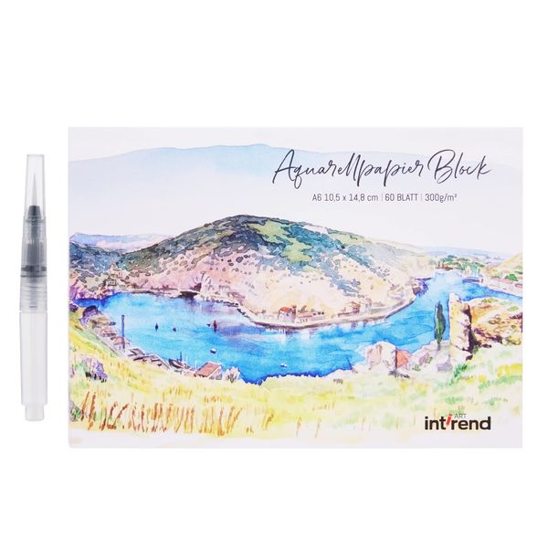 int!rend Aquarellpapier A6 300 g/m² - 60 Seiten - Aquarellblock mit Wassertankpinsel & Bleistift - Watercolor Paper für Handlettering - Aquarell Papier Postkarten Blanko