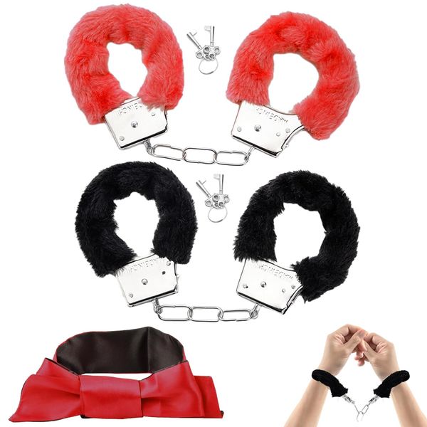 2 Pairs Metal Handcuffs, Fluffy Handcuffs with 4 Keys & Sleep Eye Mask for Lover Adult, Cosplay Costume Props for Cosplay, Valentine's Handcuffs Prop Dress Ball Party Police Game (Black & Red)