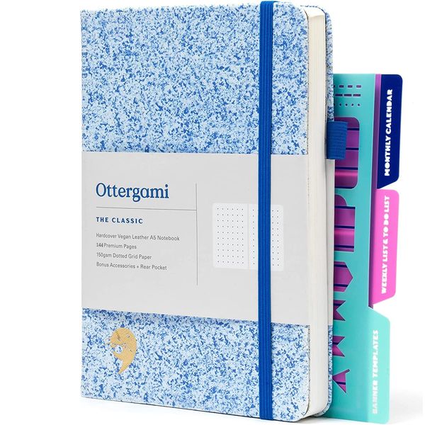 Ottergami Bullet Dotted Journal Set | Hardcover 150gsm Dotted Journal Notebook | A5 Notebook | Dotted Notebook Journaling Kit Includes: Stencils, Rear Pocket & Pen Holder | The Classic